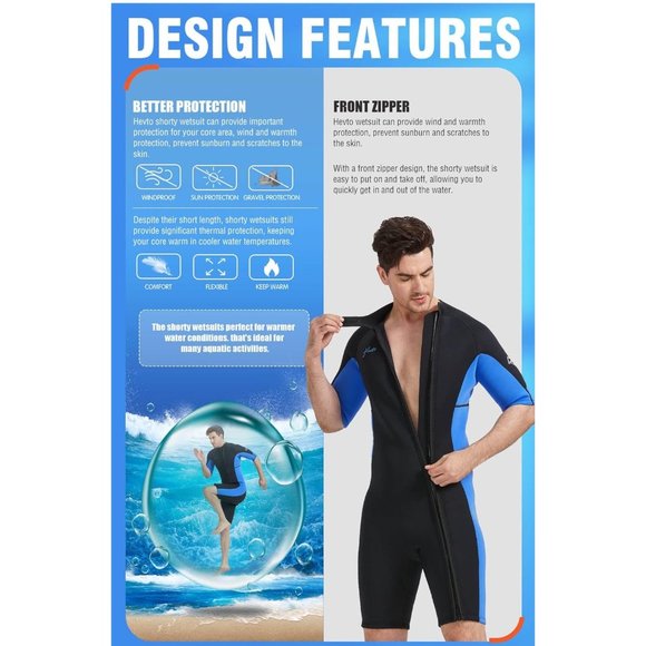 Hevto Shorty Wetsuit for Men 3/2mm Neoprene Short Sleeve Wet Suit for Surfing - Picture 5 of 7